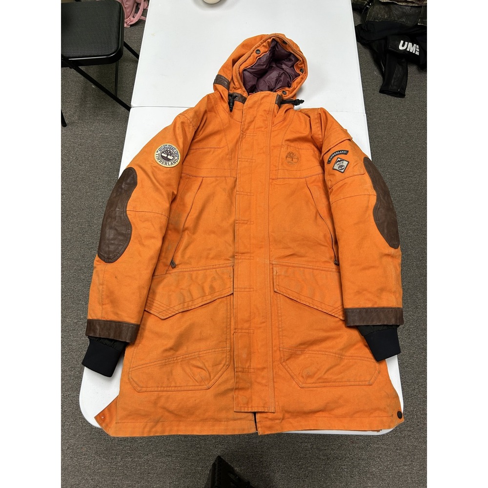Timberland Parka Jacket Mens Medium Orange Down Leather Trim Hooded Heavyweight